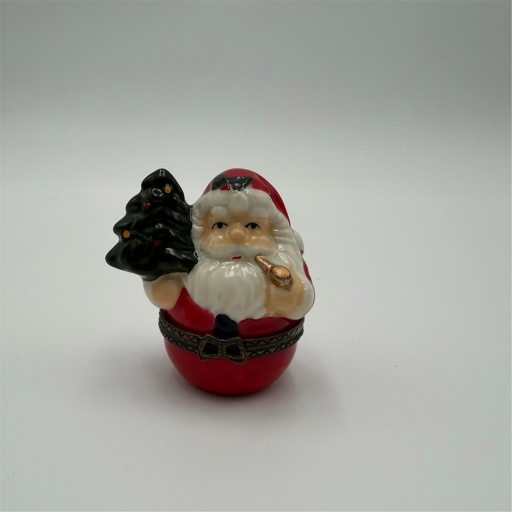Santa Claus Hinged Trinket‎ Box Figurine Christmas Tree & Pipe 2.5 in